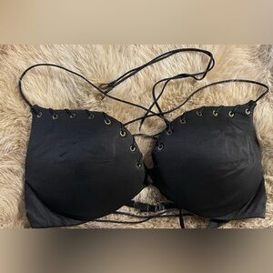 Vintage 90’s Victoria Secret Black Gold Beaded Bra crisscross 36B